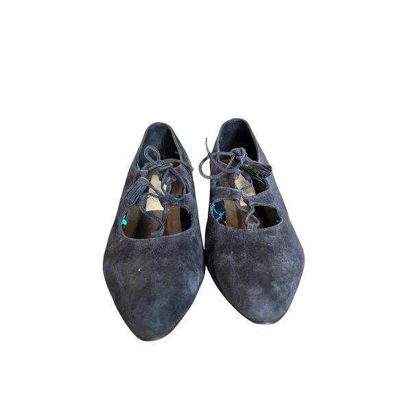 Lord & Taylor Navy Suede Lace-Up Cutout Kitten Heels Olivette 7M Retro - Picture 4 of 13